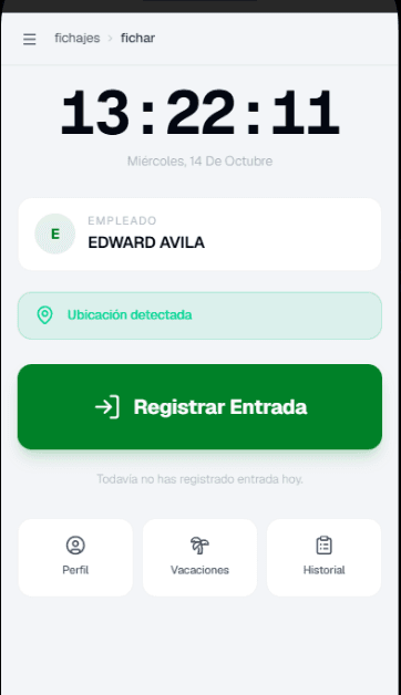 Portal del empleado en el celular con el botón para registrar entrada